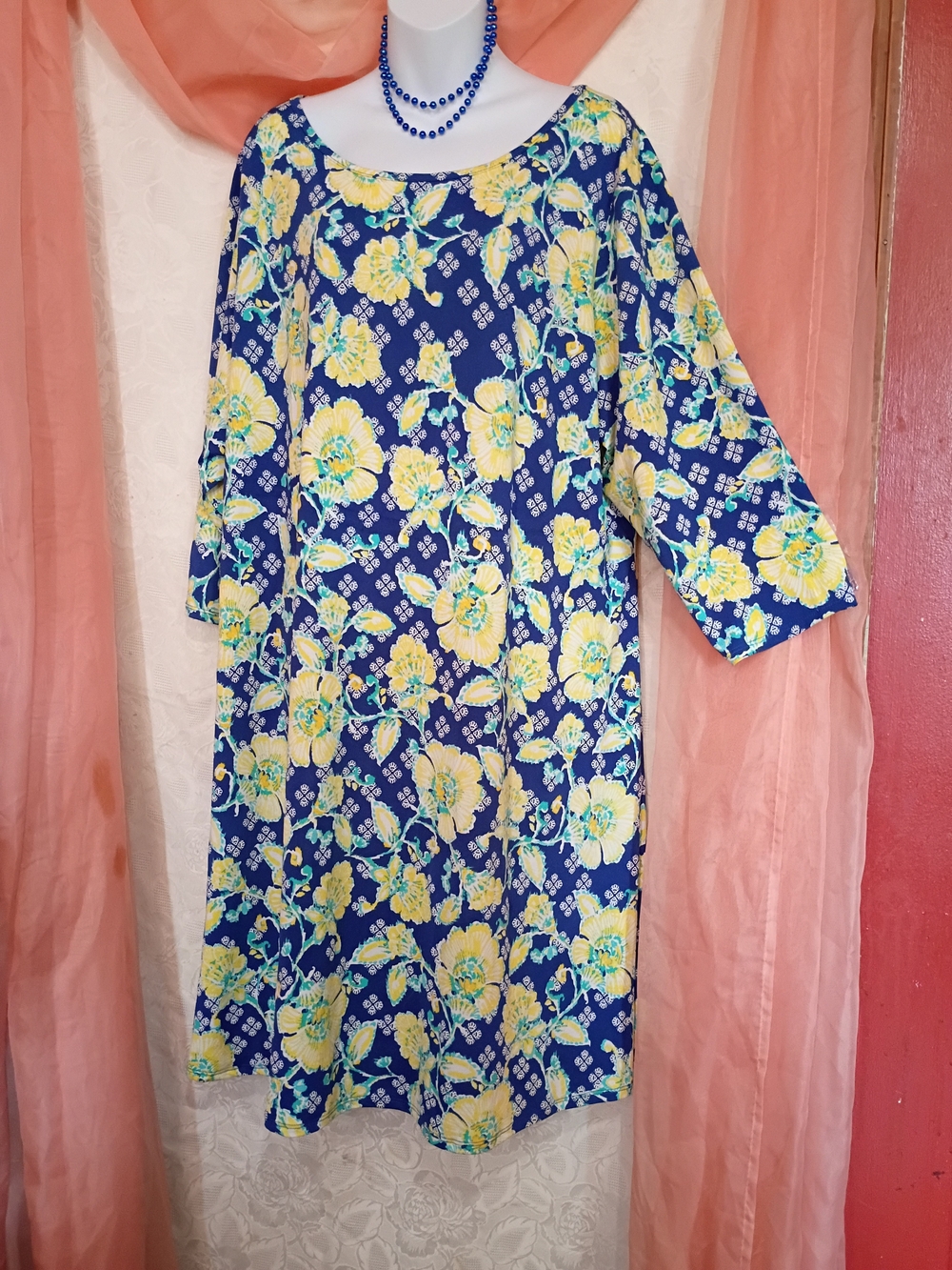 Ruby Rd. Ladies Navy Floral Midi Dress with Yellow Blooms Sz 2X